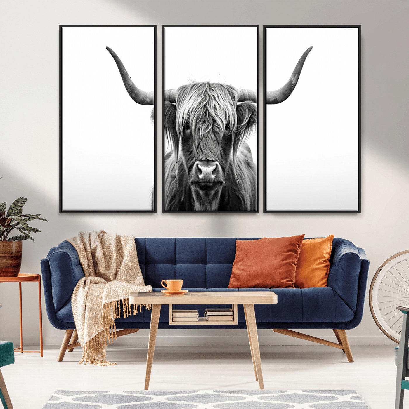 MGV-FC-48X32-3P - Highland Wall Art Canvas Print – Minimalist Black and White Farmhouse Décor, Ready to Hang