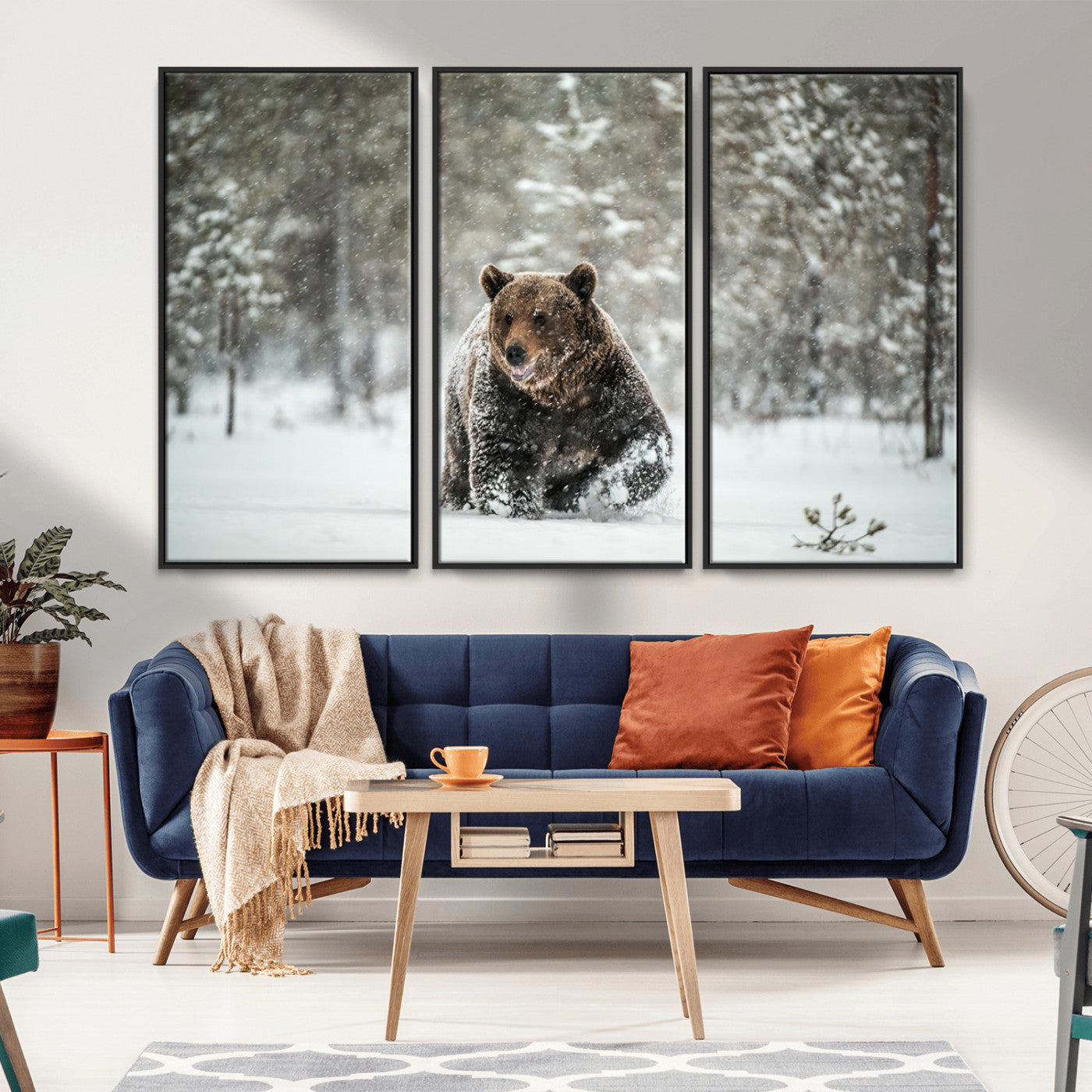 A majestic brown bear moves through a snowy forest landscape, surrounded by falling snowflakes, capturing the essence of wildlife in winter.