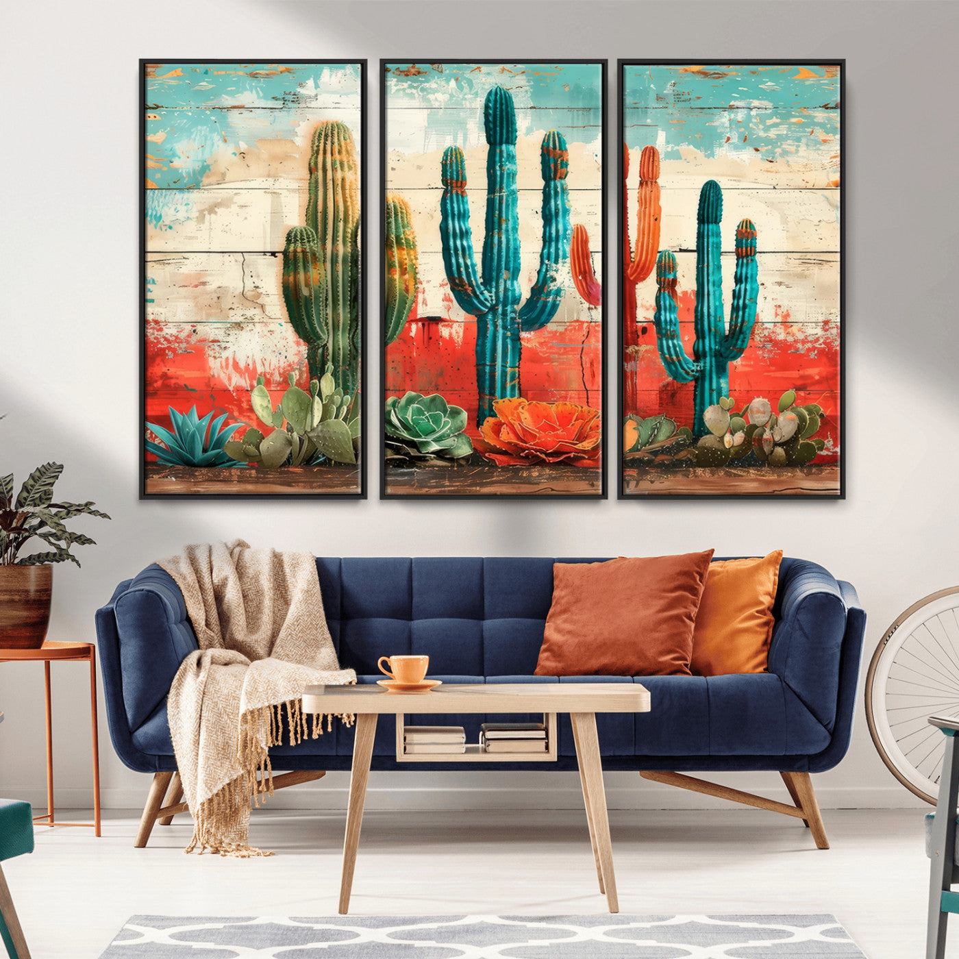 A vivid southwestern-style artwork featuring an eclectic mix of cacti and succulents painted against a textured, rustic wood backdrop in rich turquoise, red, and orange hues.