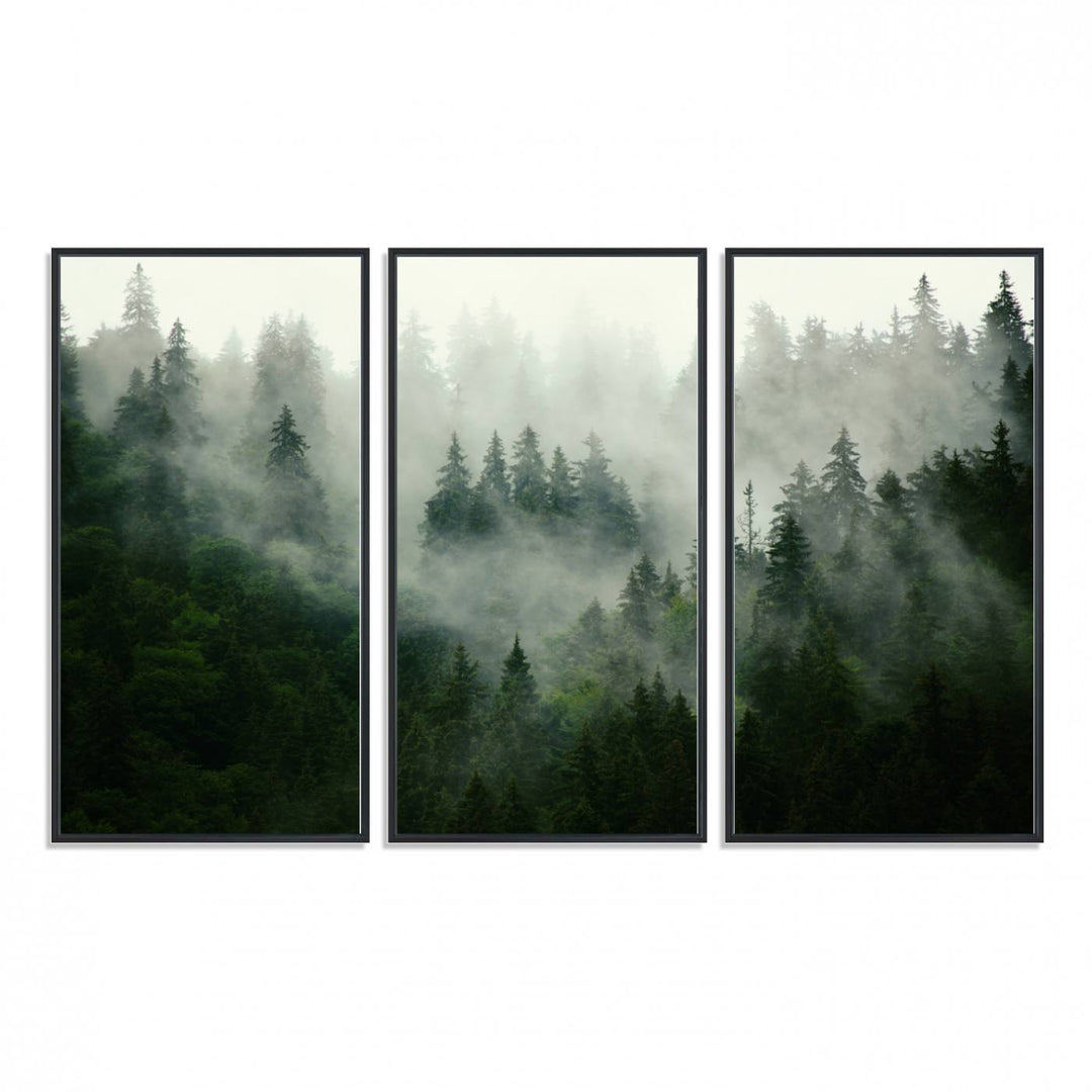 Misty Forest Mountain Wall Art: A 3-panel foggy landscape canvas print, ideal for enhancing home decor with natures beauty.