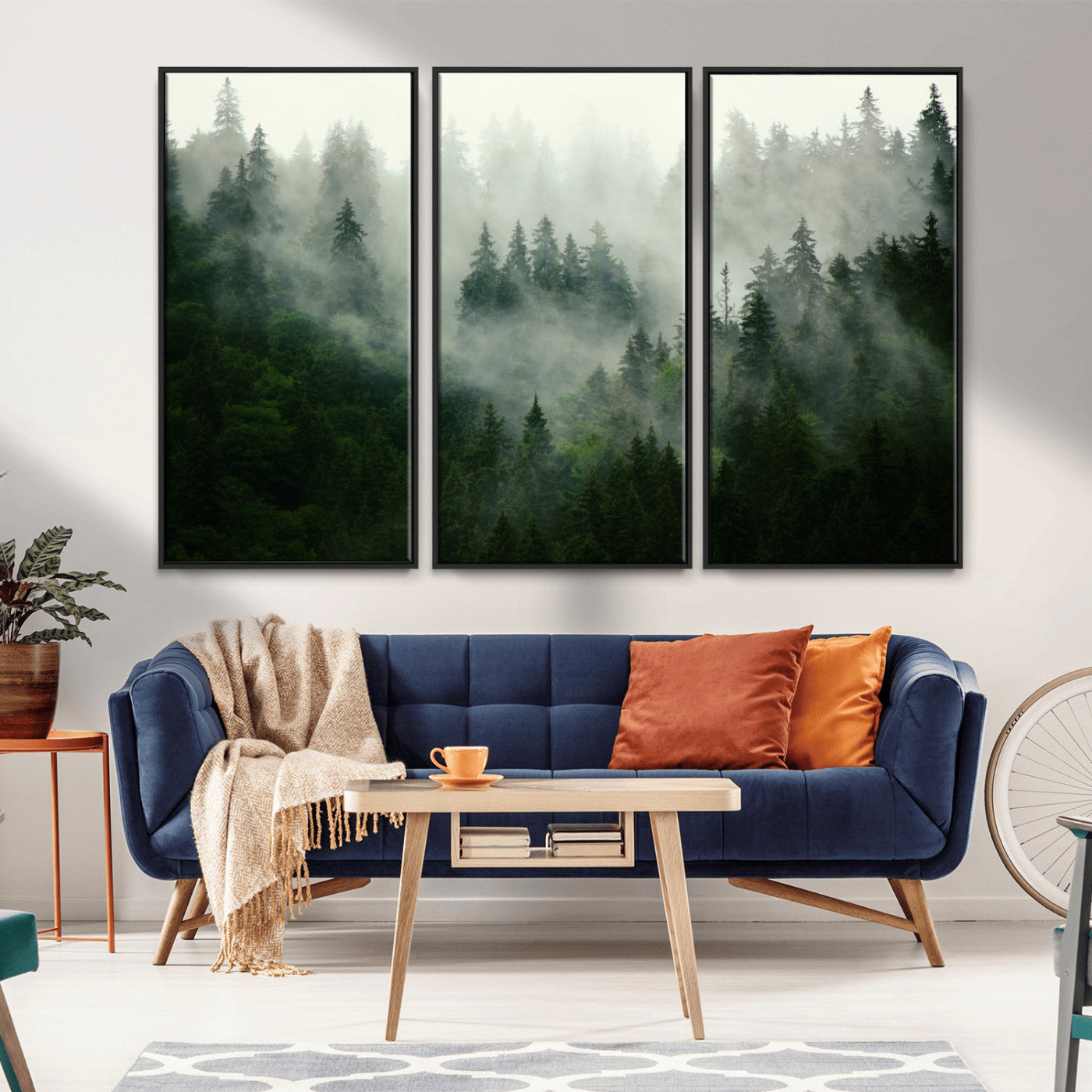 MGV-FC-48X32-3P - Misty Forest Wall Art Canvas Print - Foggy Forest Landscape Canvas Wall Art – Serene Triptych Nature