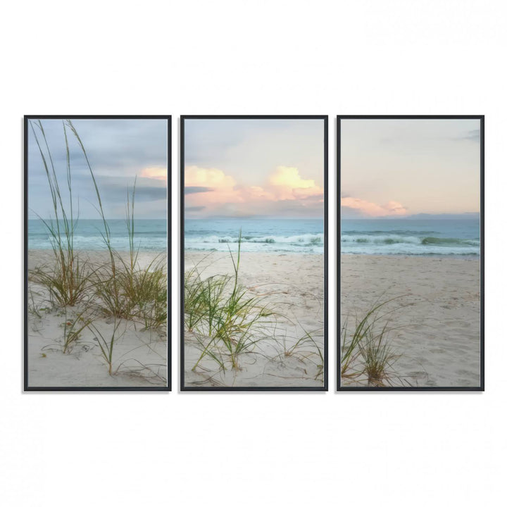 Flight Over Coastal Beach print on UV canvas displayed against white walls.