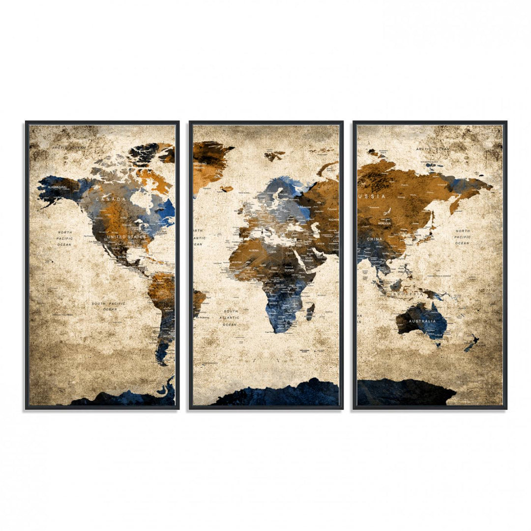A Vintage World Map Canvas featuring brown, blue, and white on a textured background. Ideal for wall art in living rooms or offices.