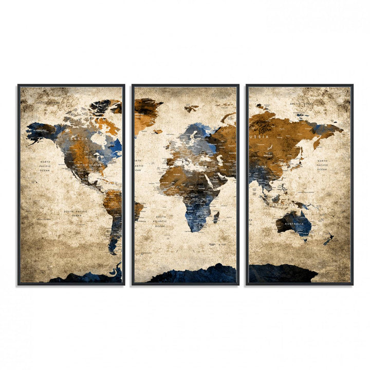 A Vintage World Map Canvas featuring brown, blue, and white on a textured background. Ideal for wall art in living rooms or offices.
