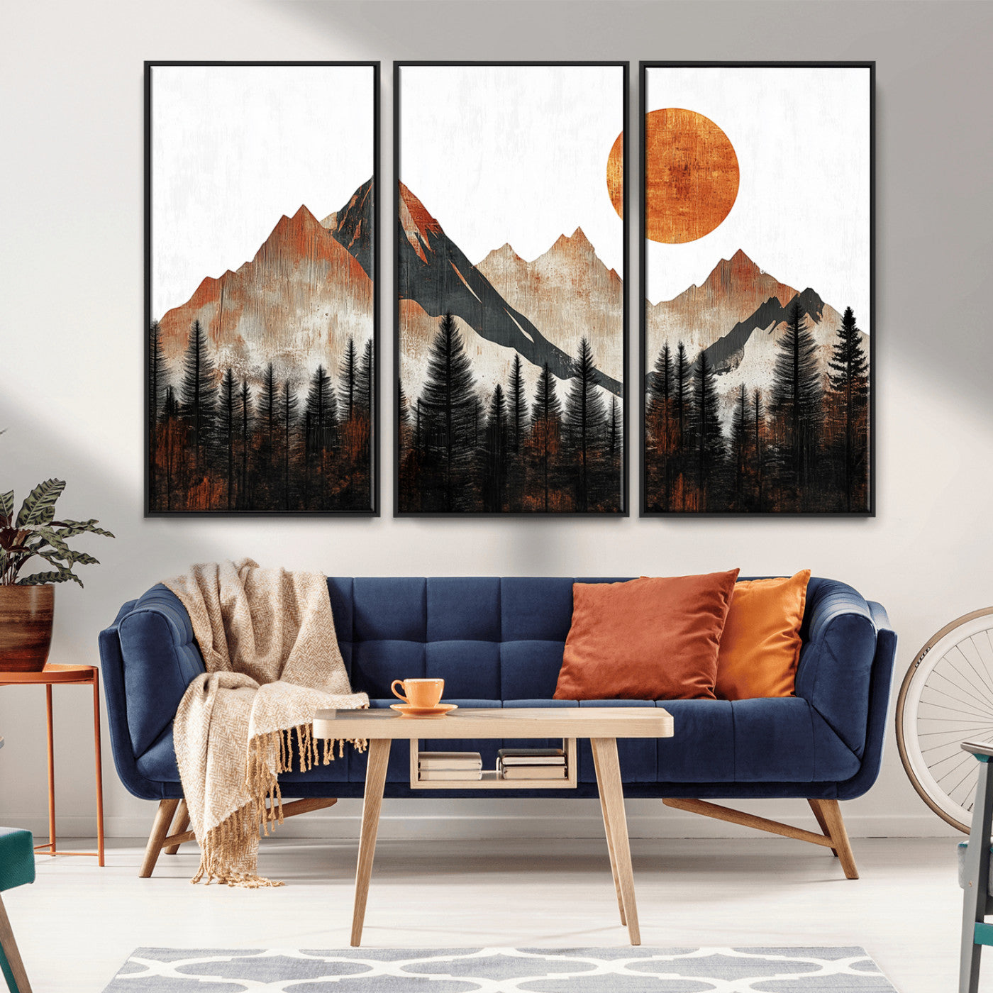 MGV-FC-48X32-3P - Modern Abstract Mountain Canvas Wall Art Print, Abstract Landscape Print, Rustic Sun and Mountains