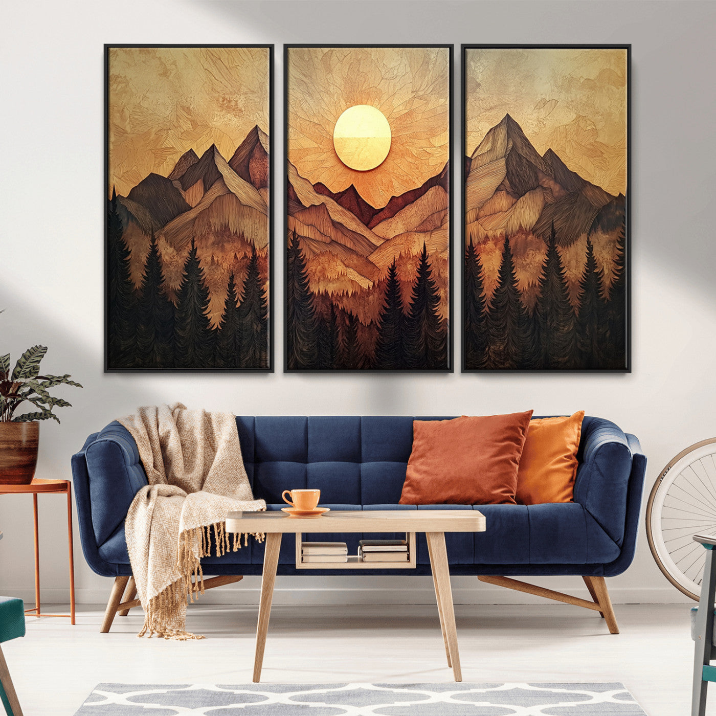 MGV-FC-48X32-3P - Wood Style Abstract Mountain Sunset Canvas Wall Art Print - Warm Earth Nature-Inspired Decor for