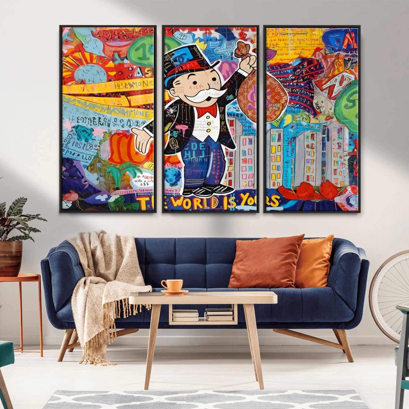 MGV-FC-48X32-3P - Pop Art Monopoly Man Canvas Wall Art Print - Bold and Colorful Street Art-Inspired Decor for Living