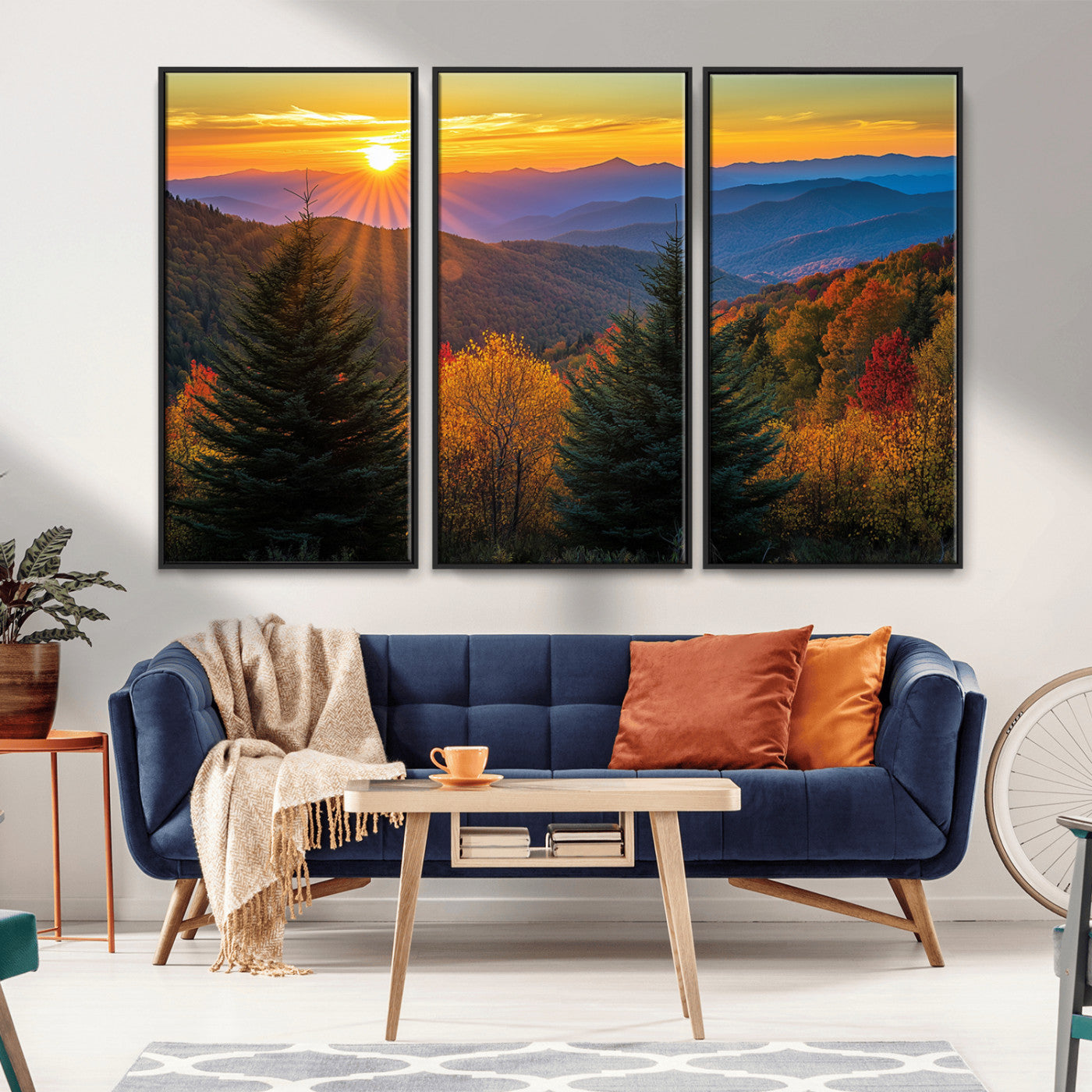 MGV-FC-48X32-3P - Golden Sunset Over Mountain Forest Canvas Wall Art Print - Warm Nature-Inspired Landscape for Living