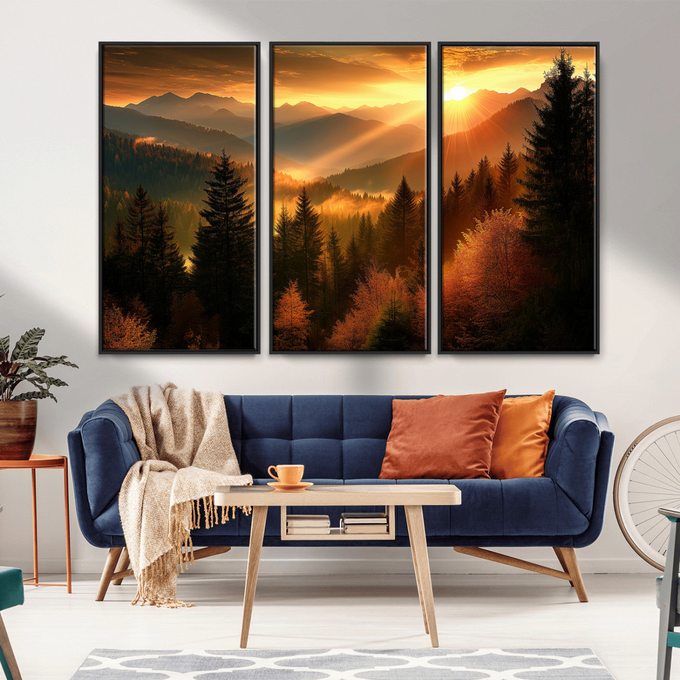 MGV-FC-48X32-3P - Golden Sunset Over Mountain Forest Canvas Wall Art Print - Warm Nature Landscape Print