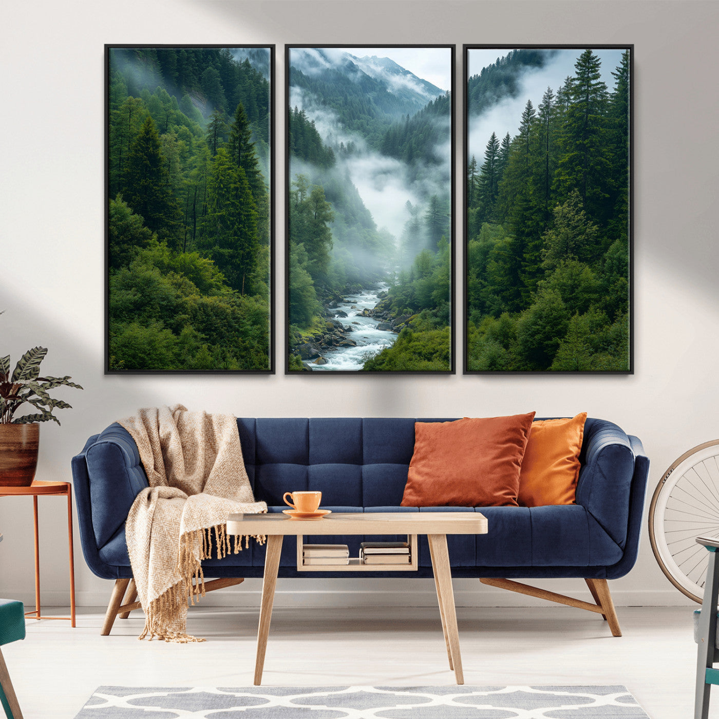 MGV-FC-48X32-3P - Mountain Forest River Canvas Wall Art Print - Serene Nature Landscape for Living Room, Office, or