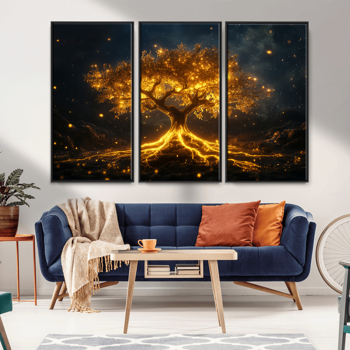 MGV-FC-48X32-3P - Golden Tree of Life Canvas Wall Art Print - Majestic Glowing Tree Design for Living Room, Office, or