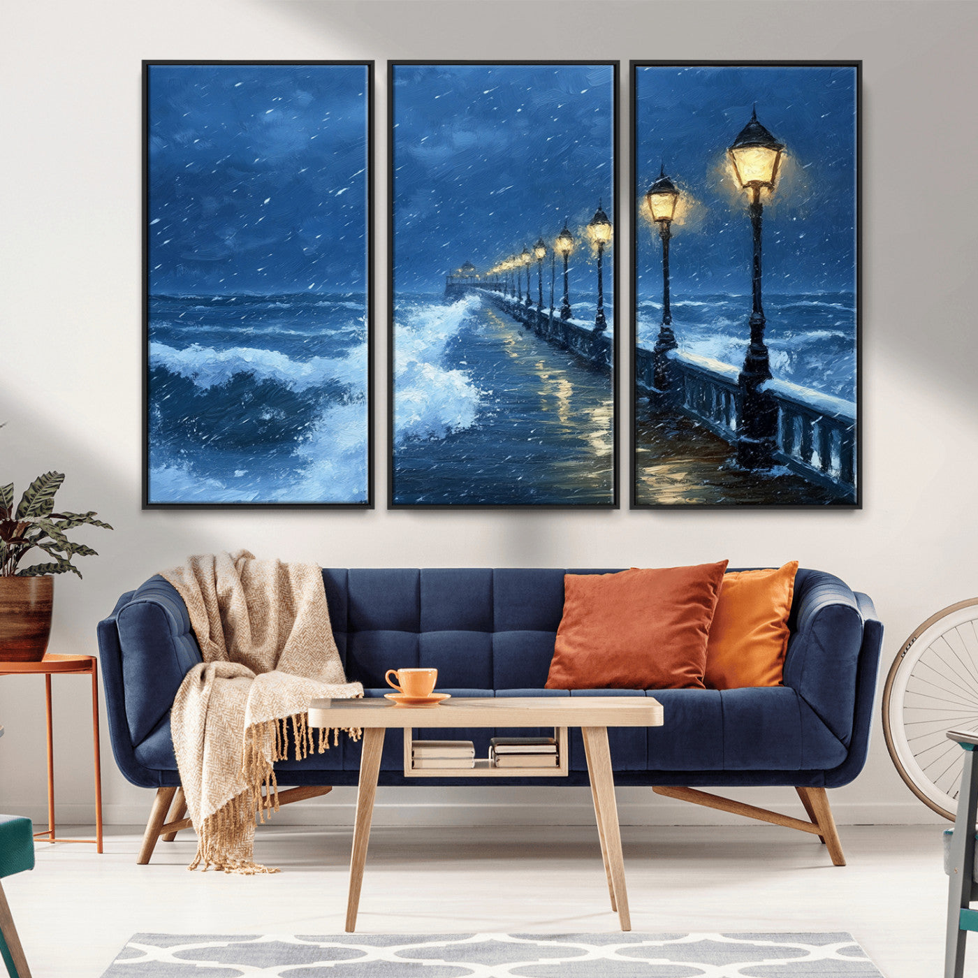 MGV-FC-48X32-3P - Stormy Ocean Pier Lights Canvas Wall Art Print - Large Moody Night Scene for Living Room, or Office,