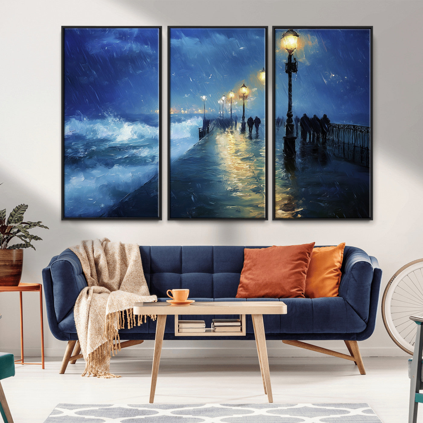 MGV-FC-48X32-3P - Abstract Stormy Ocean Pier Canvas Wall Art Print | Stormy Ocean Art | Large Moody Night Scene Print,