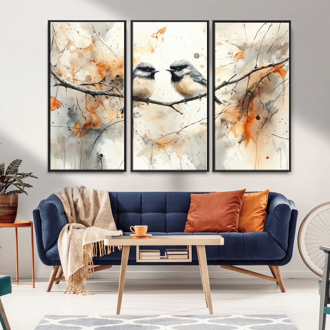 A soft and elegant watercolor painting of two chickadees perched on a delicate branch, surrounded by splashes of orange and neutral tones evoking a calm autumn day.