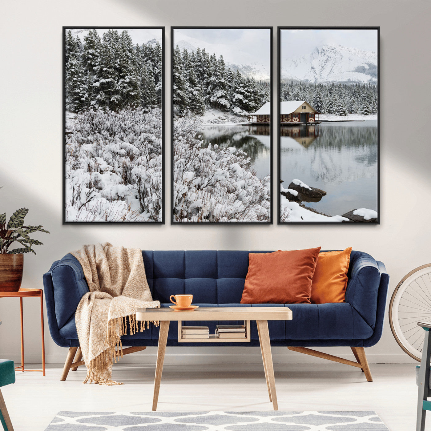 MGV-FC-48X32-3P - Winter Wall Art - Cabin by the Lake Canvas Wall Art - Serene Snowy Landscape with Mountain View,