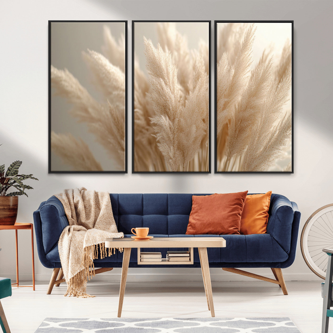 MGV-FC-48X32-3P - Pampas Grass Canvas Wall Art - Elegant Neutral Decor for Living Room, Boho Minimalist Artwork, Ready