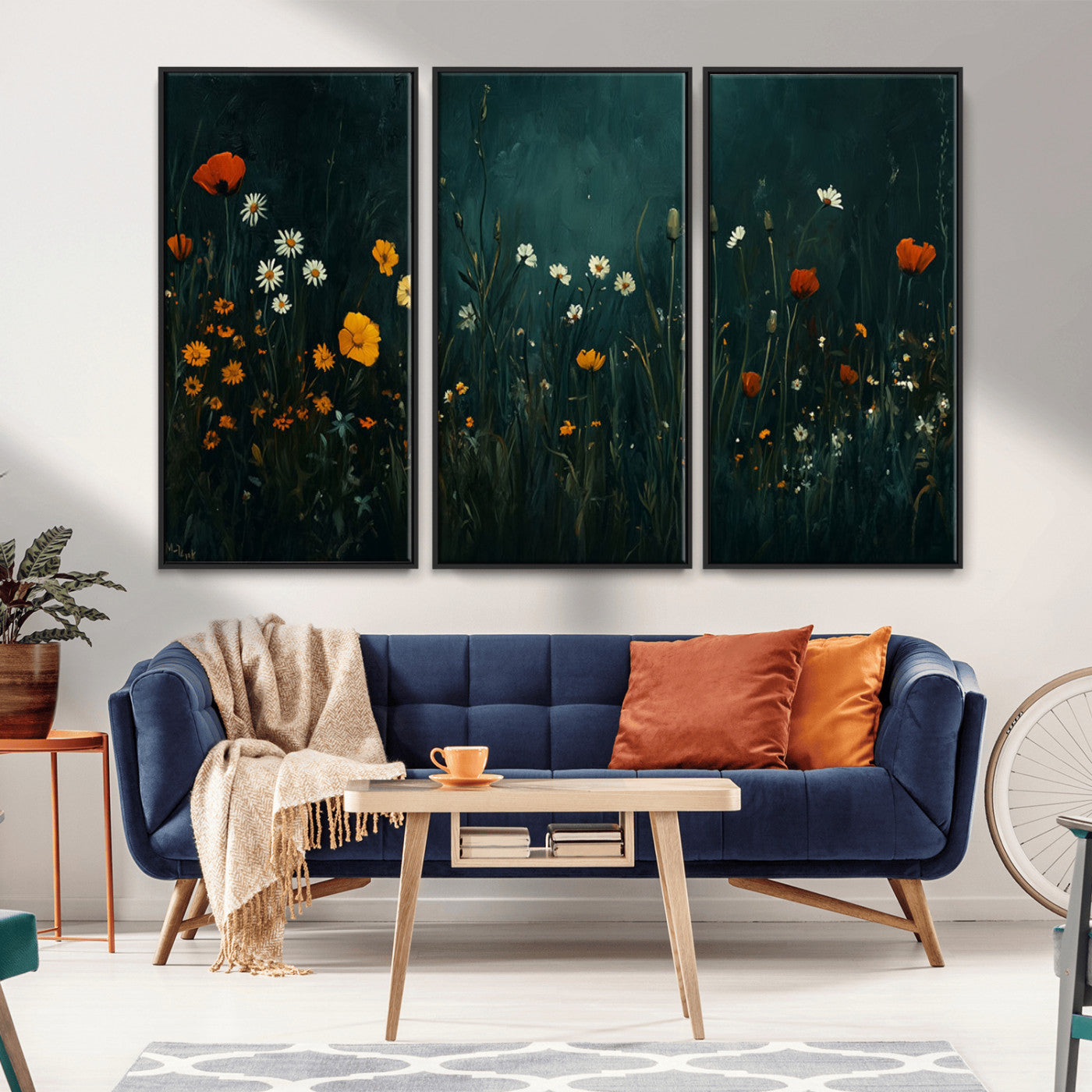 MGV-FC-48X32-3P - Framed Wildflower Field Wall Art, Framed Vintage Botanical Landscape Sign, Floral Decor, Modern