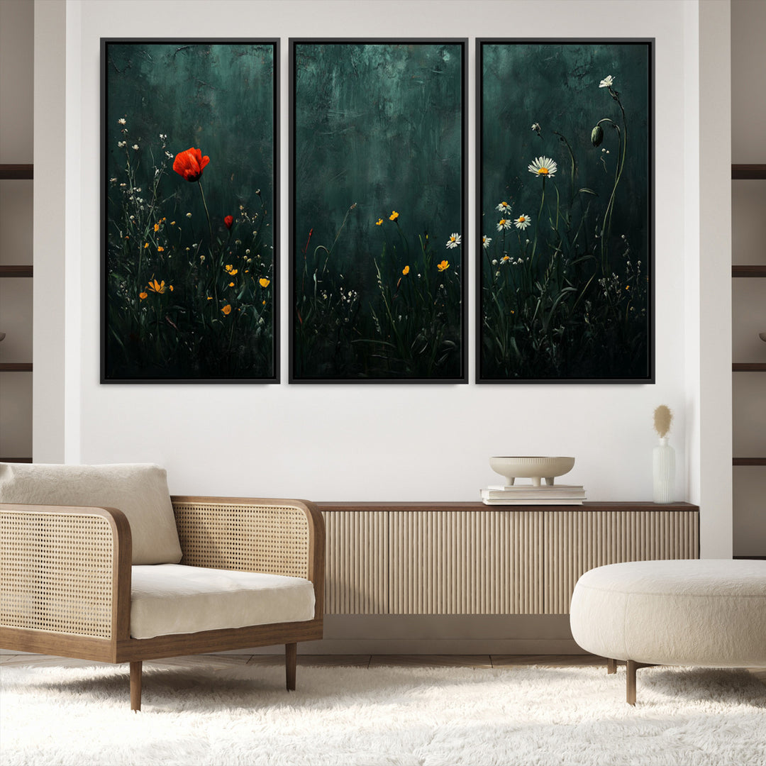 Wildflower Field Framed Wall Art, Vintage Botanical Landscape Sign, Botanical Wall Art, Modern Farmhouse Canvas Art, Field Of Flowers Canvas Print