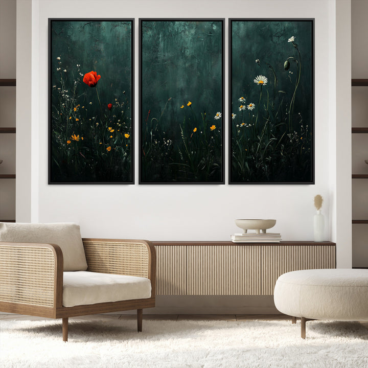 Wildflower Field Framed Wall Art, Vintage Botanical Landscape Sign, Botanical Wall Art, Modern Farmhouse Canvas Art, Field Of Flowers Canvas Print