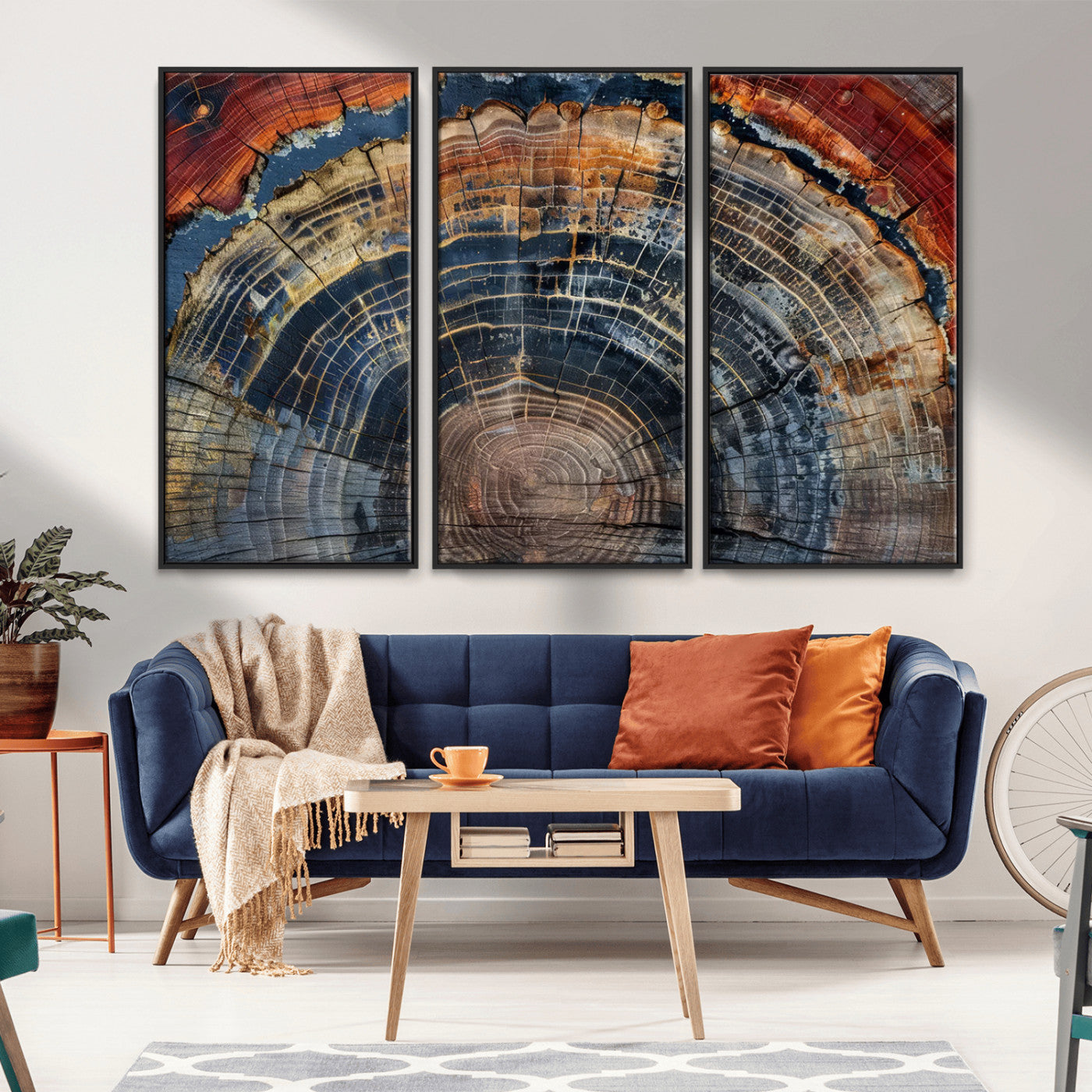 MGV-FC-48X32-3P - Abstract Tree Ring Wall Art, Colorful Framed Tree Ring Wall Decor, Minimalist Home Canvas Art,