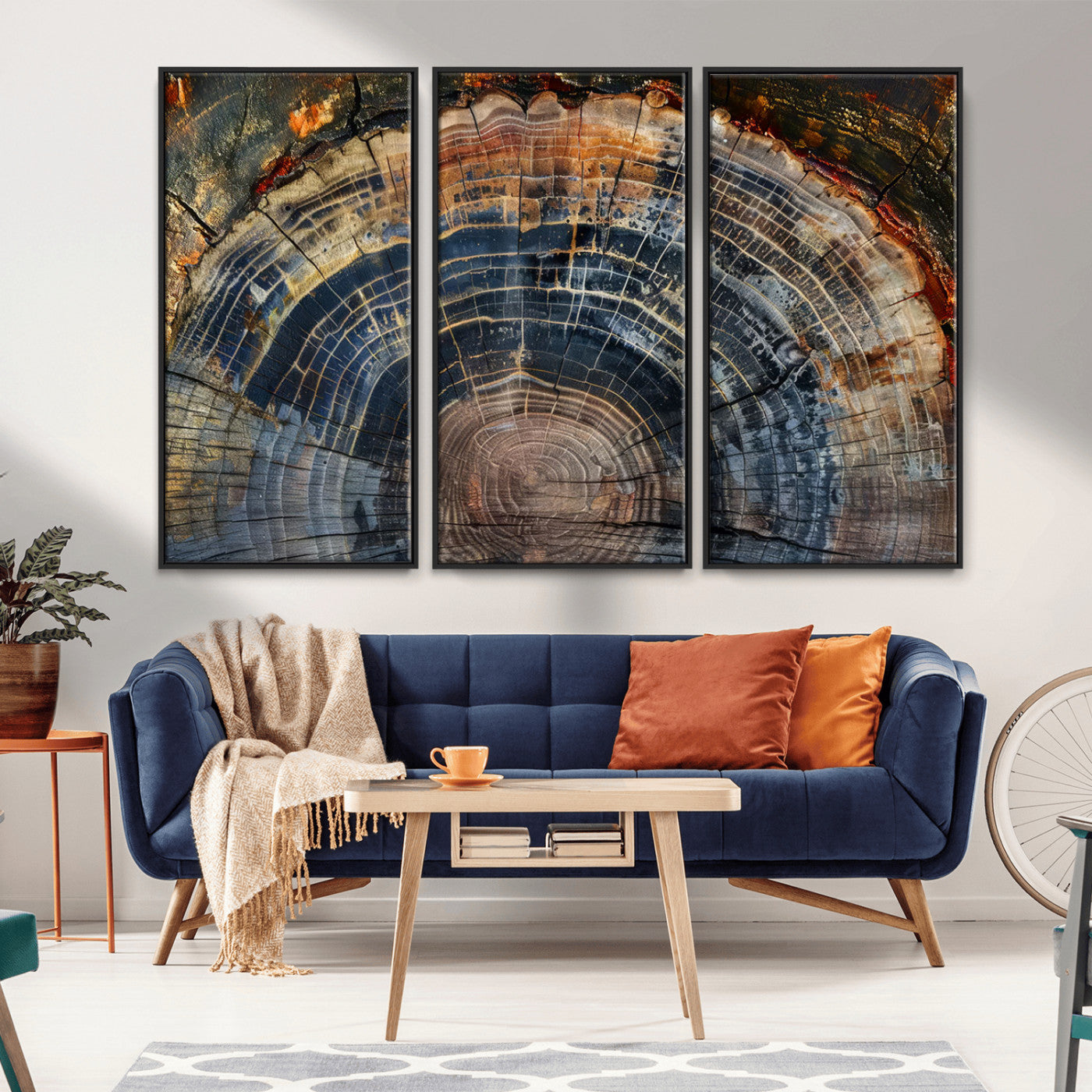 MGV-FC-48X32-3P - Framed Tree Ring Wall Art - Abstract Colorful Tree Ring Wall Decor, Minimalist Home Canvas Art,