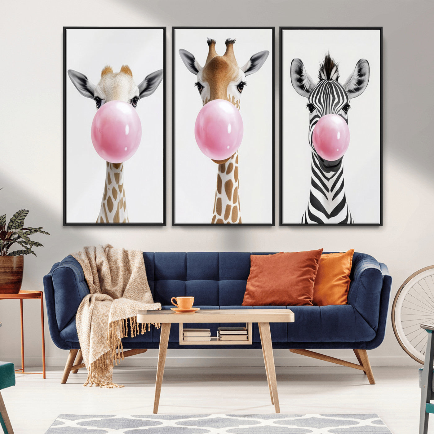 MGV-FC-48X32-3P - Bubblegum Animals Canvas Wall Art - Playful Giraffe and Zebra Trio, Fun Nursery Decor for Kids'
