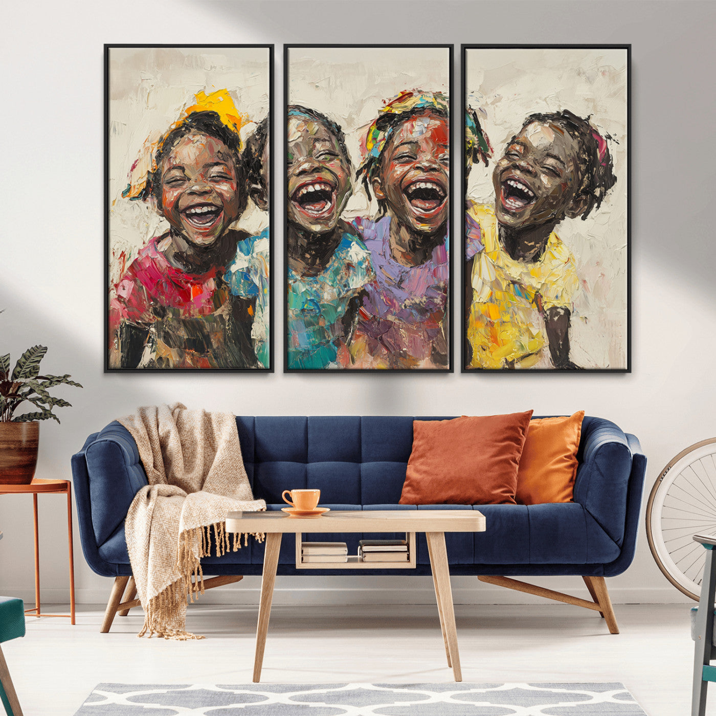 MGV-FC-48X32-3P - Shai Yossef style Joyful Childhood Canvas Wall Art - Expressive Impasto Painting of Black Children