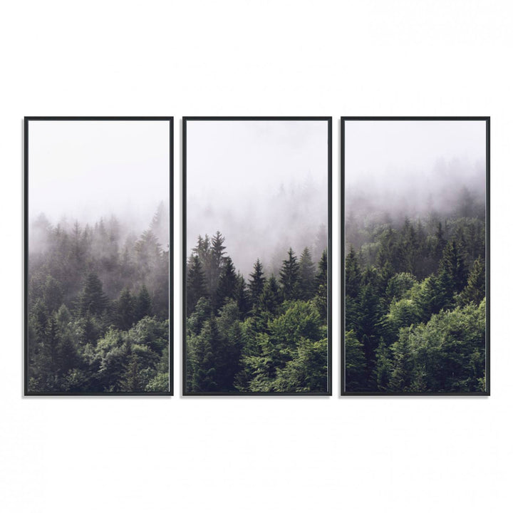 A serene triptych nature print featuring a misty forest, perfect as wall art.