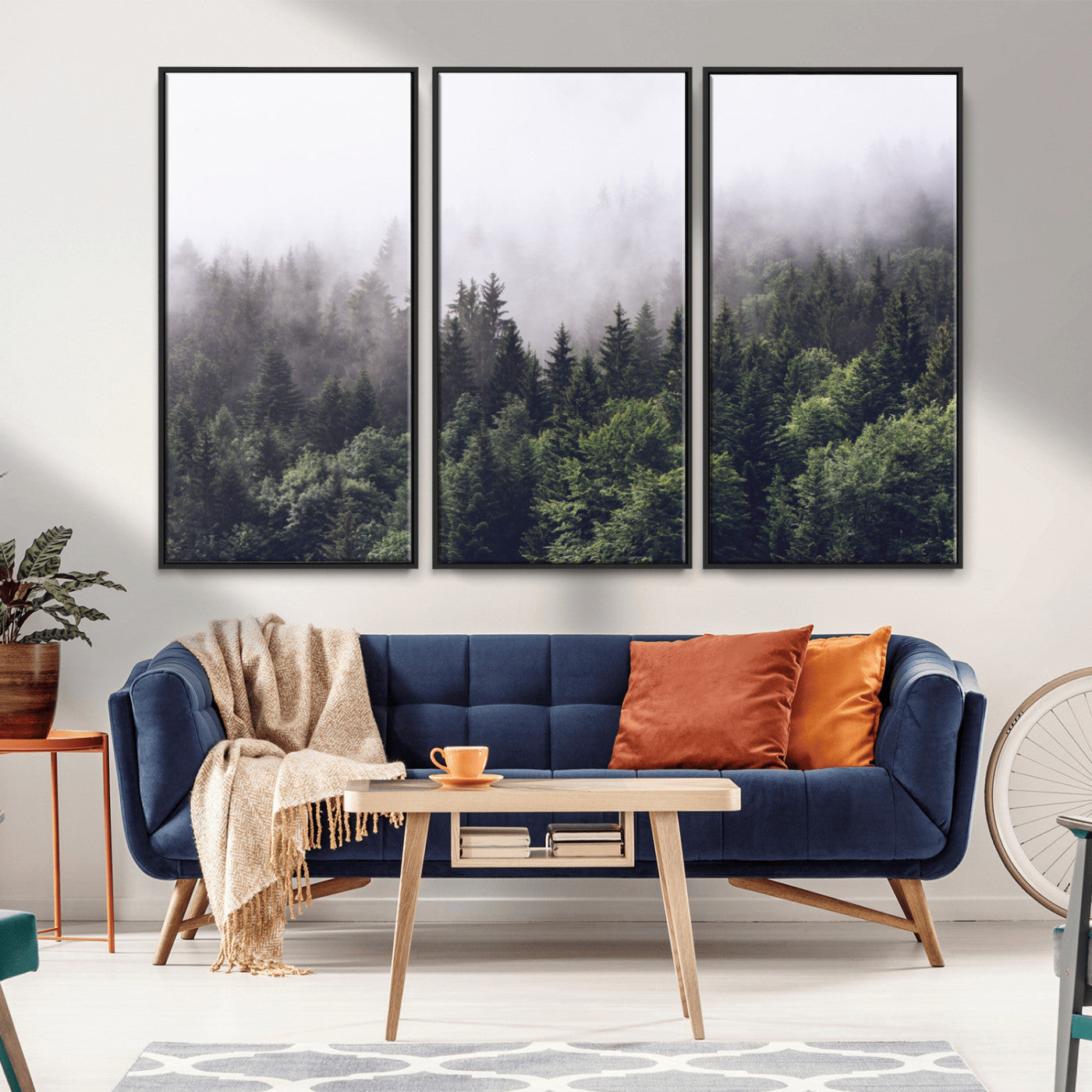 MGV-FC-48X32-3P - Misty Forest Wall Art | Foggy Forest Canvas Print | Large Nature-Inspired Misty Tree Landscape for