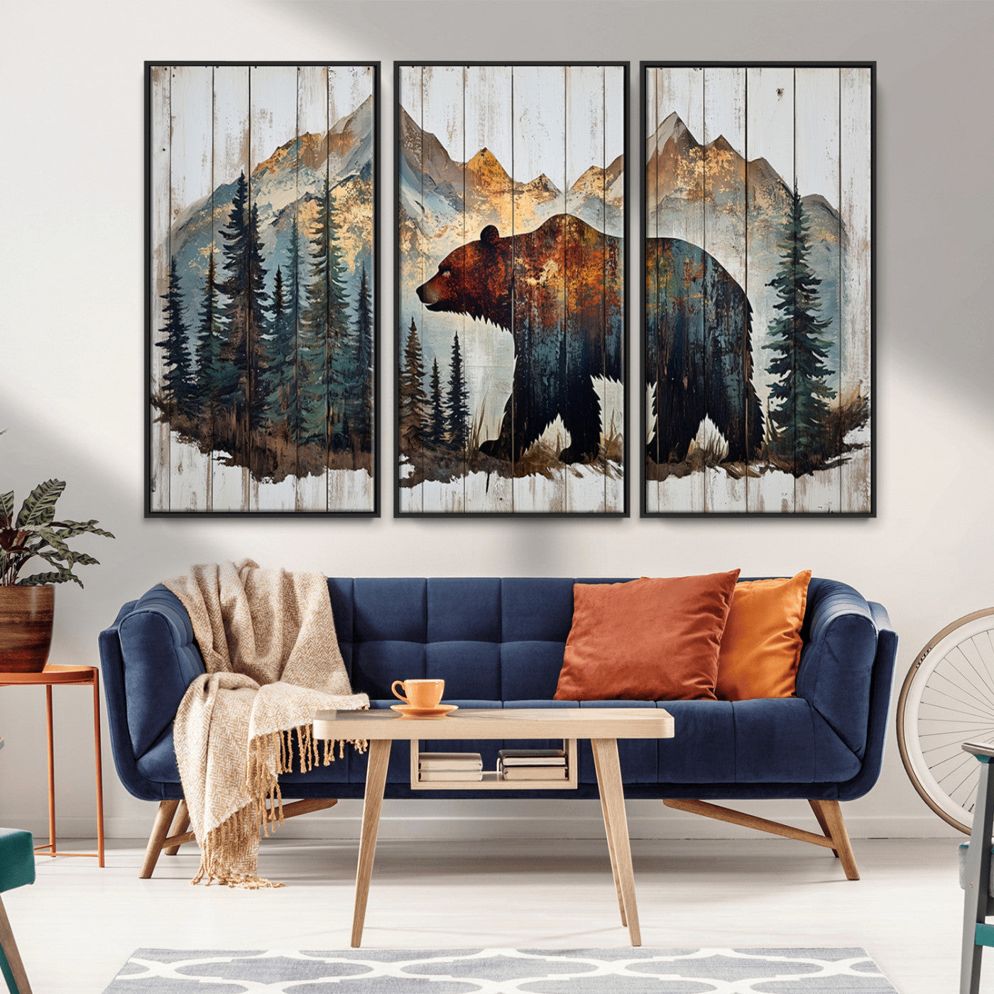 55777-MGV-CV-36X24-Rustic Grizzly 399 Bear and Mountain Wood Canvas Wall Art - Framed Nature Artwork with Forest