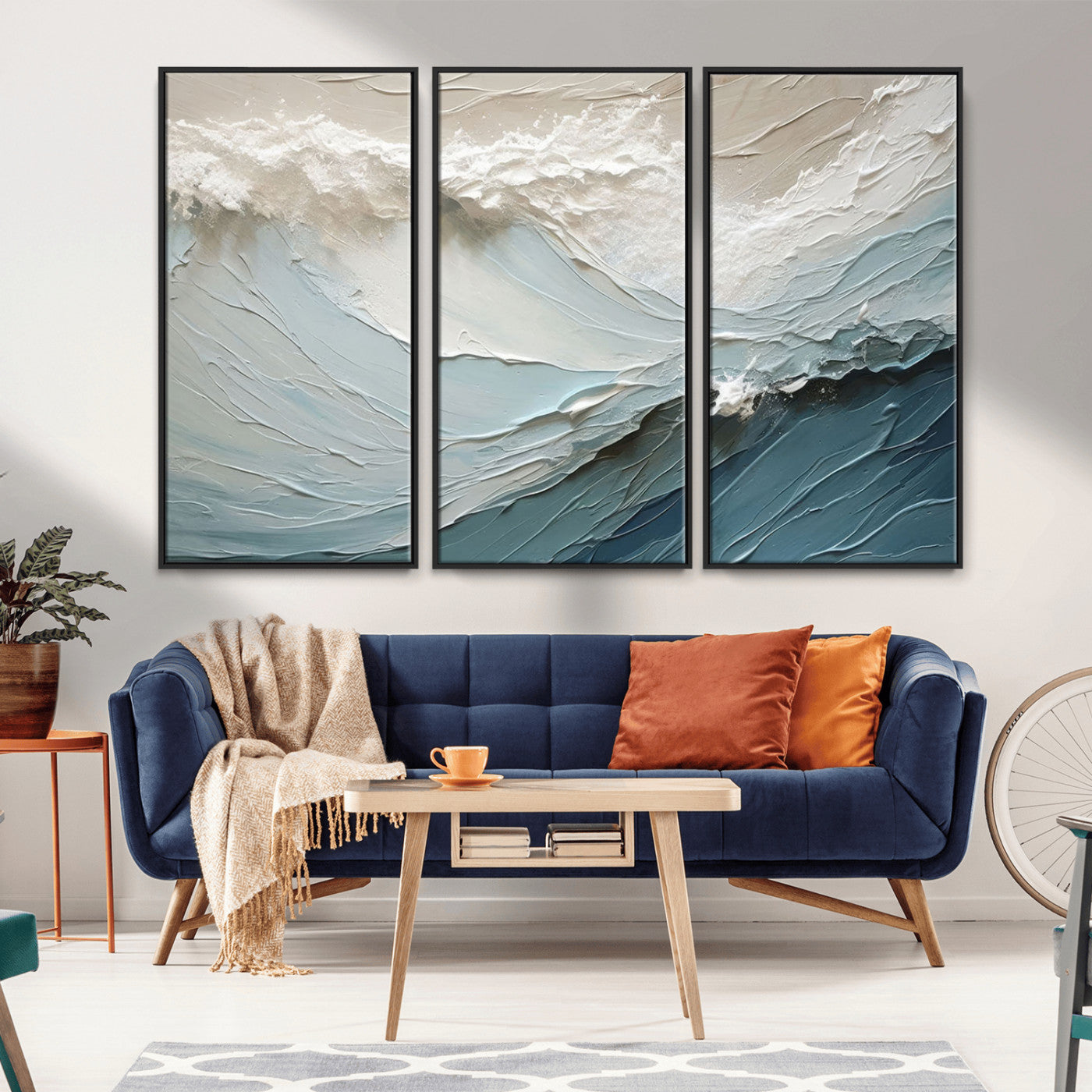 MGV-FC-48X32-3P - Waves Abstract Wall Art Print, Modern Framed Abstract Canvas Print, Abstract Painting for Living