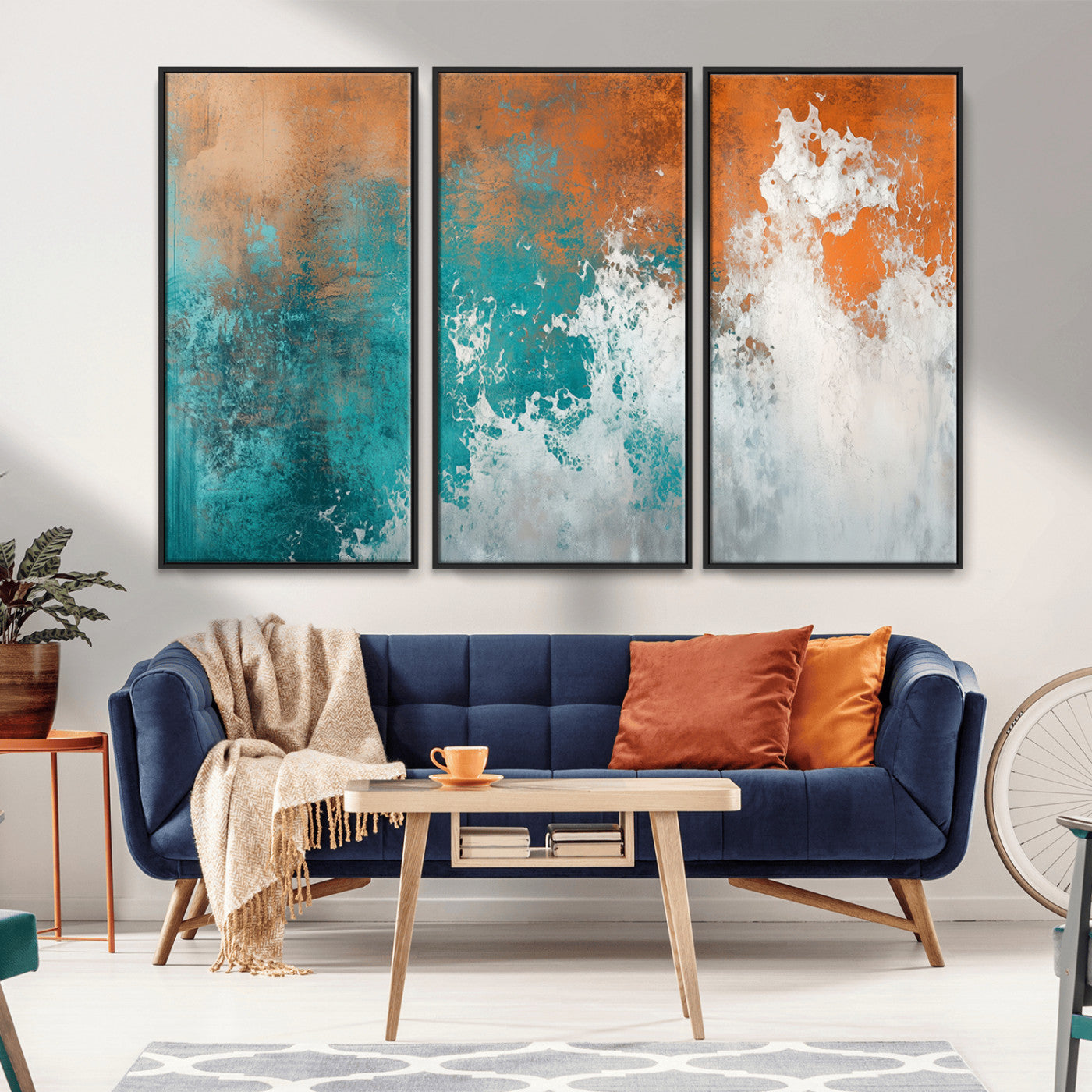 MGV-FC-48X32-3P - Vintage Abstract Print - Bold Teal and Orange Canvas Wall Art - Retro-Vintage Abstract Orange Canvas