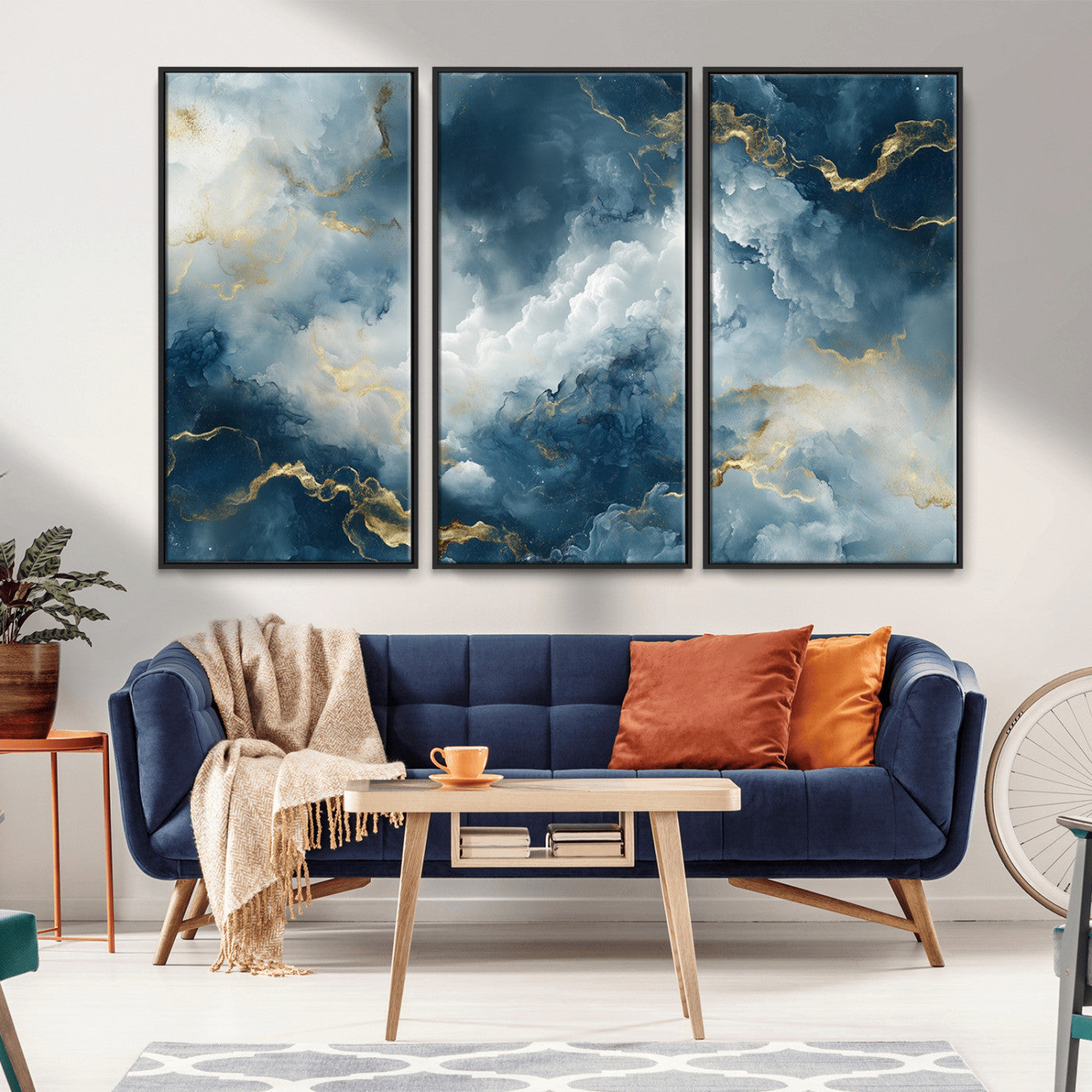 MGV-FC-48X32-3P - Large Abstract Print - Luxe Blue and Gold Abstract Canvas Wall Art - Bold Cloudscape Canvas for