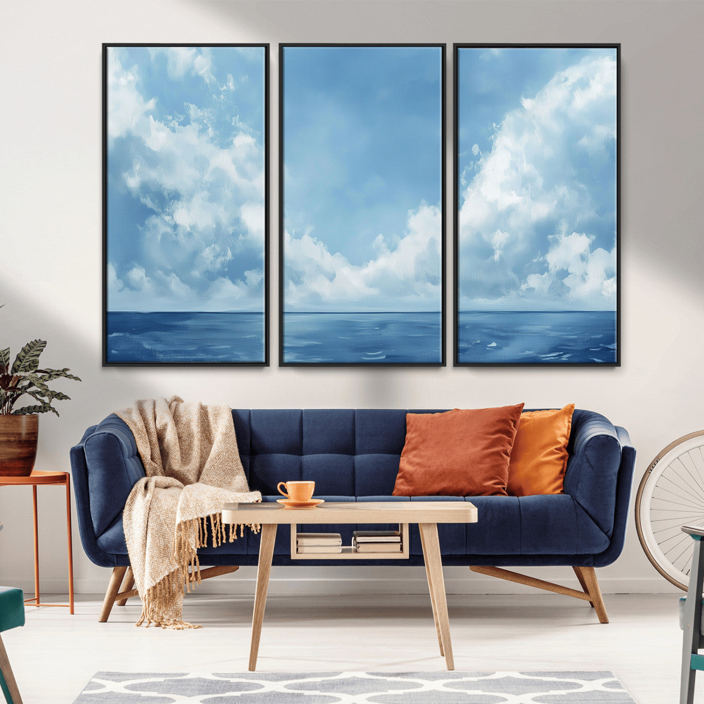 MGV-FC-48X32-3P - Abstract Ocean Print Artwork- Serene Blue Ocean Canvas Wall Art - Minimalist Ocean and Sky Canvas