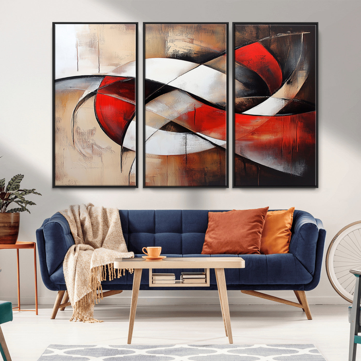 MGV-FC-48X32-3P - Abstract Wall Art - Modern Red and White Canvas Wall Art Print - Bold Geometric Abstract Canvas for