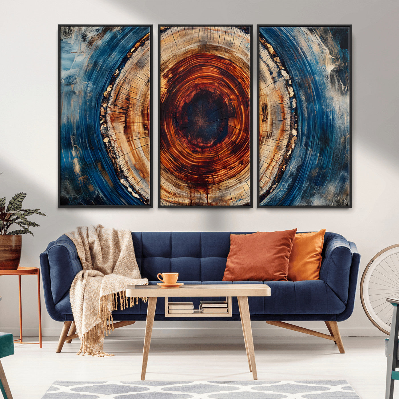 MGV-FC-48X32-3P - Abstract Framed Tree Rings Wall Decor, Wood Grain Rings Artwork Print, Nature Woodland Modern Wall