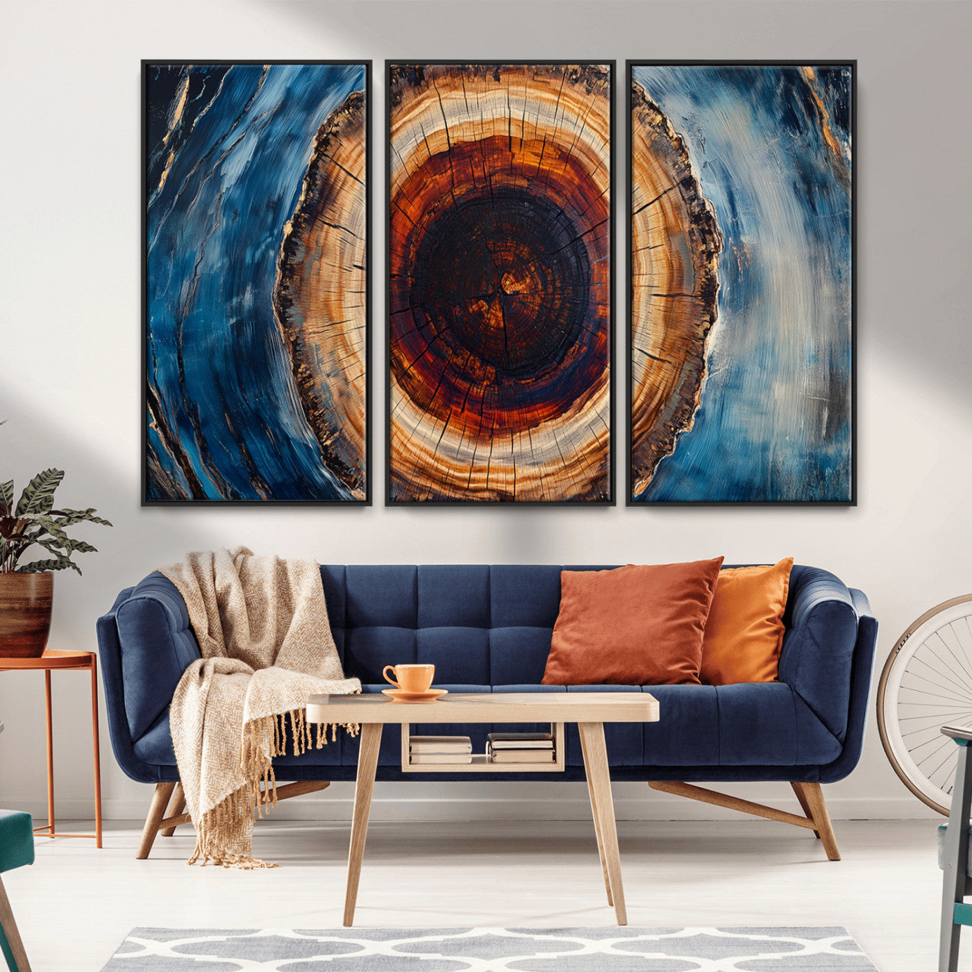 MGV-FC-48X32-3P - Framed Abstract Tree Ring Wall Art Print, Natural Rustic Wood Texture Canvas Print, Wood Tree Stump
