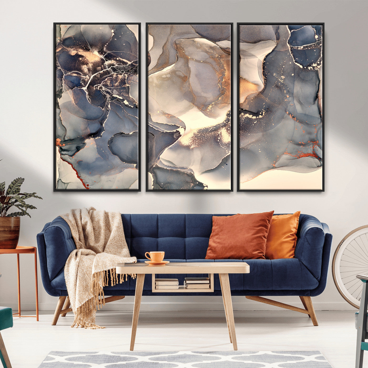 MGV-FC-48X32-3P - Abstract Blue and Gold Wall Art - Fluid Ink Artwork - Modern Luxury Wall Decor for Contemporary