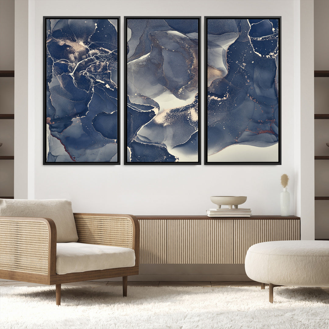 Large Abstract Blue and Gold Canvas Wall Art | Fluid Ink Artwork Print | Luxury Wall Decor for Contemporary Interiors | Framed Ready to Hang