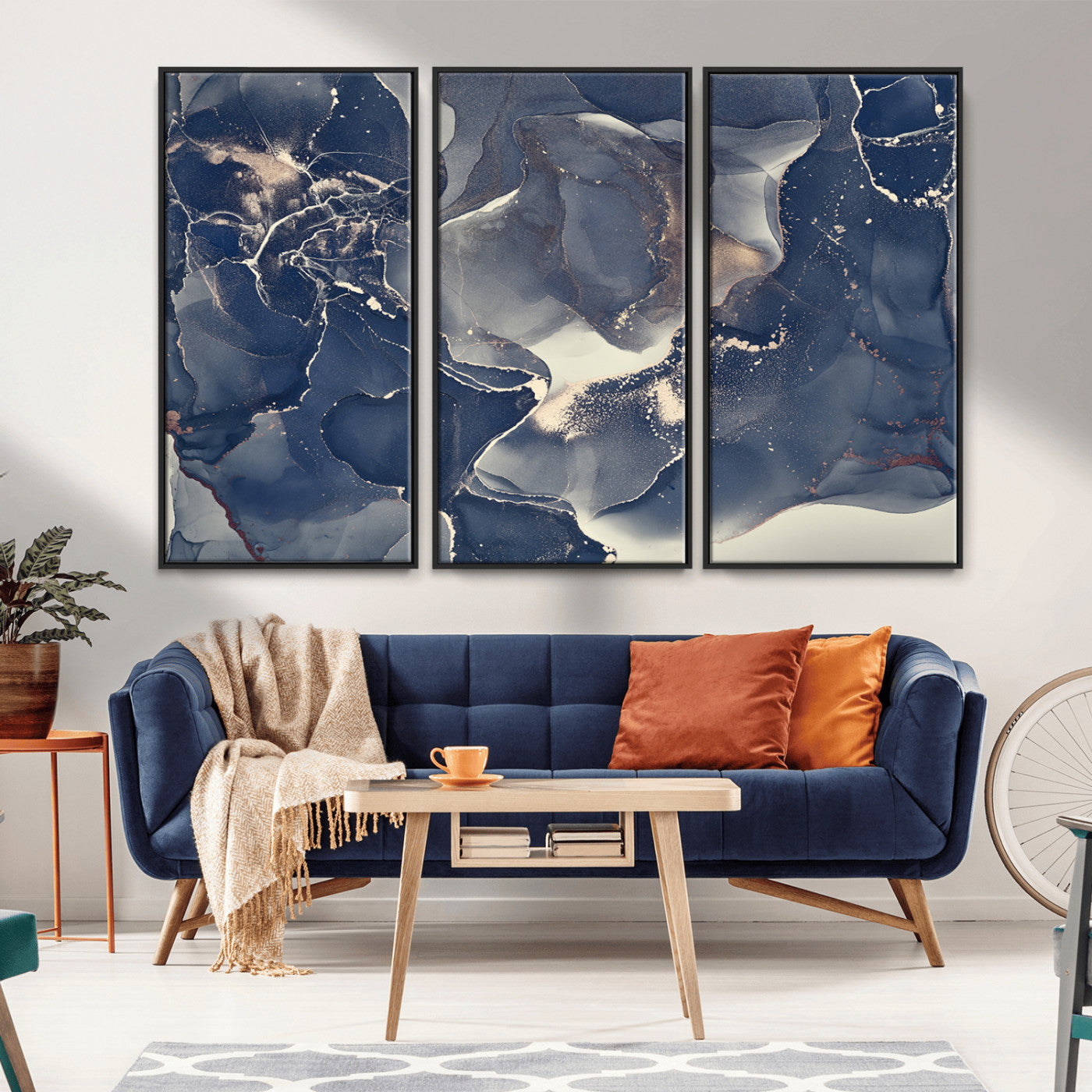 MGV-FC-48X32-3P - Large Abstract Blue and Gold Canvas Wall Art | Fluid Ink Artwork Print | Luxury Wall Decor for