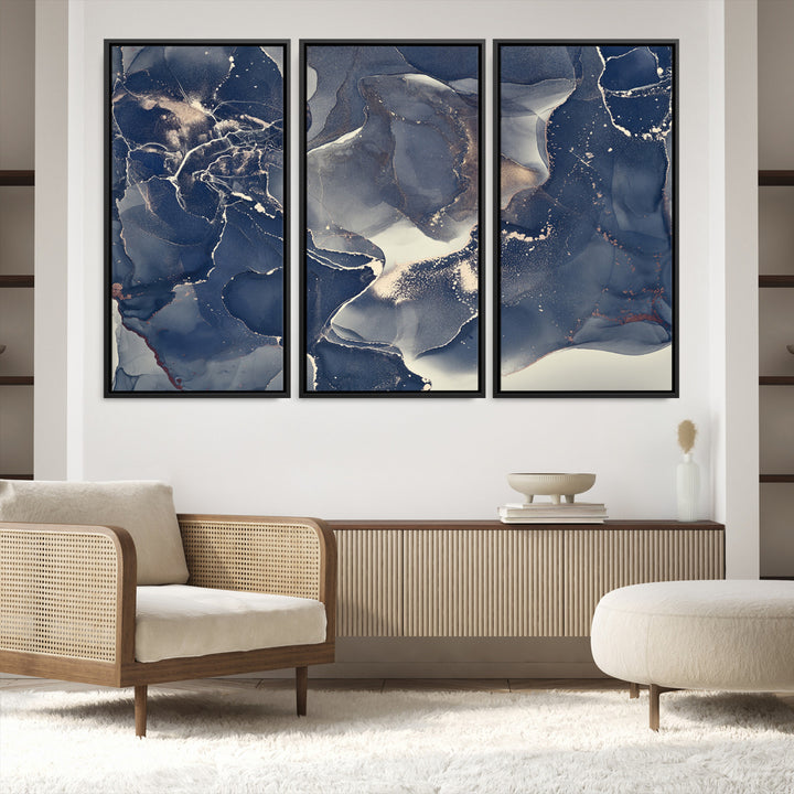 Large Abstract Blue and Gold Canvas Wall Art | Fluid Ink Artwork Print | Luxury Wall Decor for Contemporary Interiors | Framed Ready to Hang