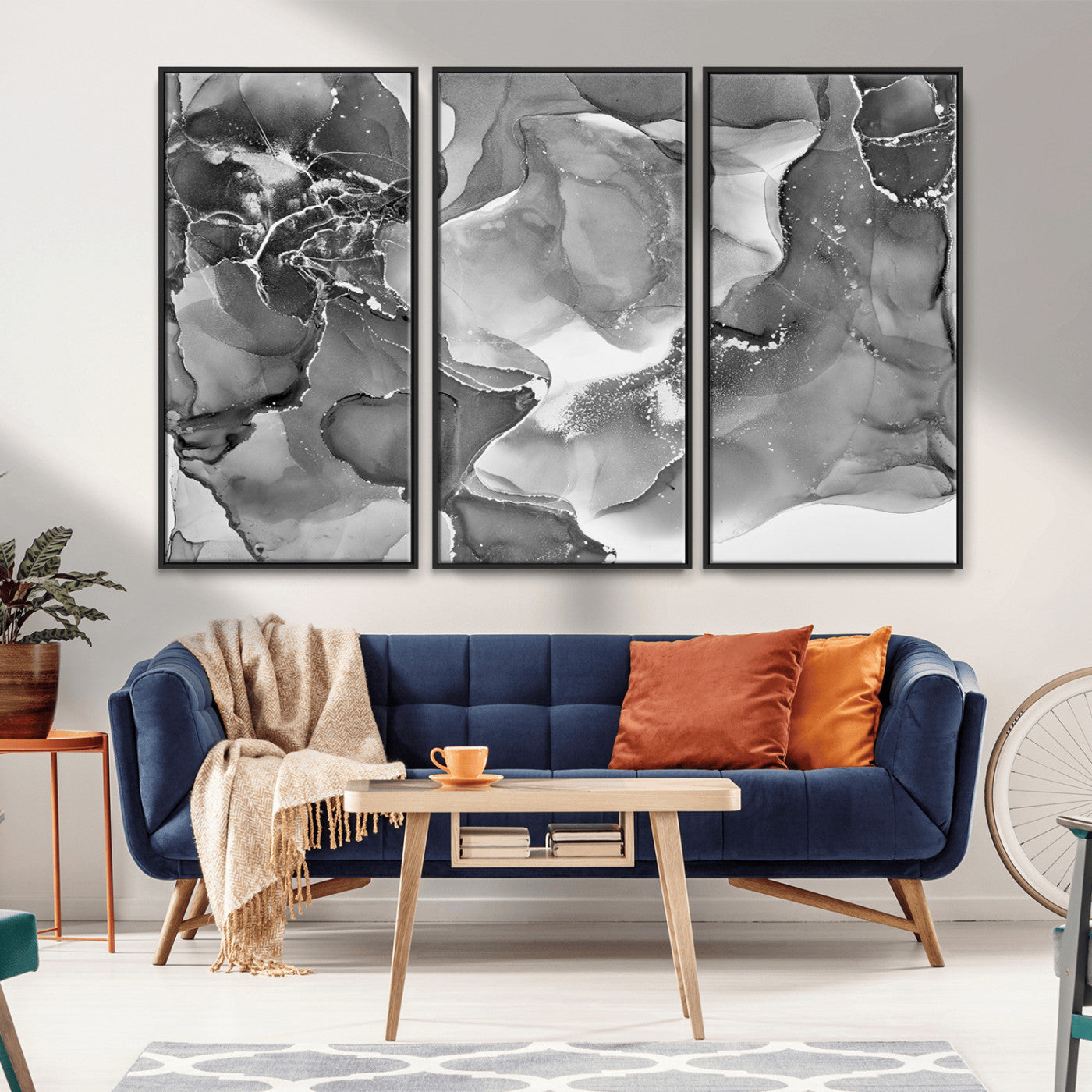 MGV-FC-48X32-3P - Black White Abstract Canvas Wall Art - Fluid Ink Artwork - Modern Luxury Wall Decor for Contemporary