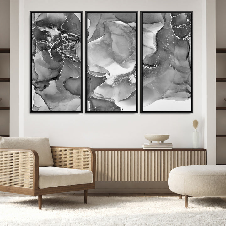 Black White Abstract Canvas Wall Art - Fluid Ink Artwork - Modern Luxury Wall Decor for Contemporary Interiors