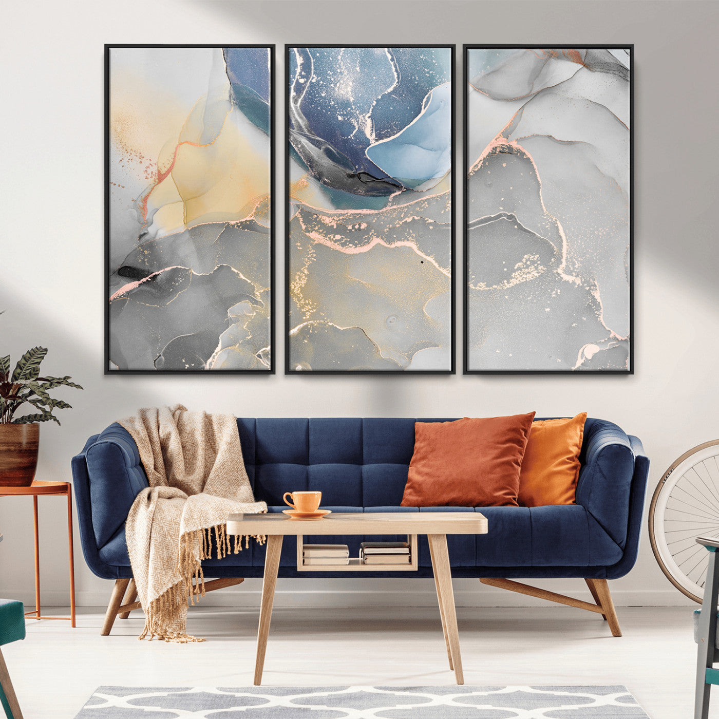 MGV-FC-48X32-3P - Large Abstract Blue and Gold Canvas Wall Art | Fluid Ink Artwork Print | Luxury Wall Decor for