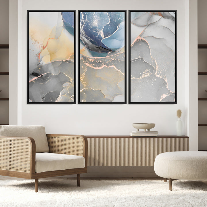 Large Abstract Blue and Gold Canvas Wall Art | Fluid Ink Artwork Print | Luxury Wall Decor for Contemporary Interiors | Framed Blue and Gold