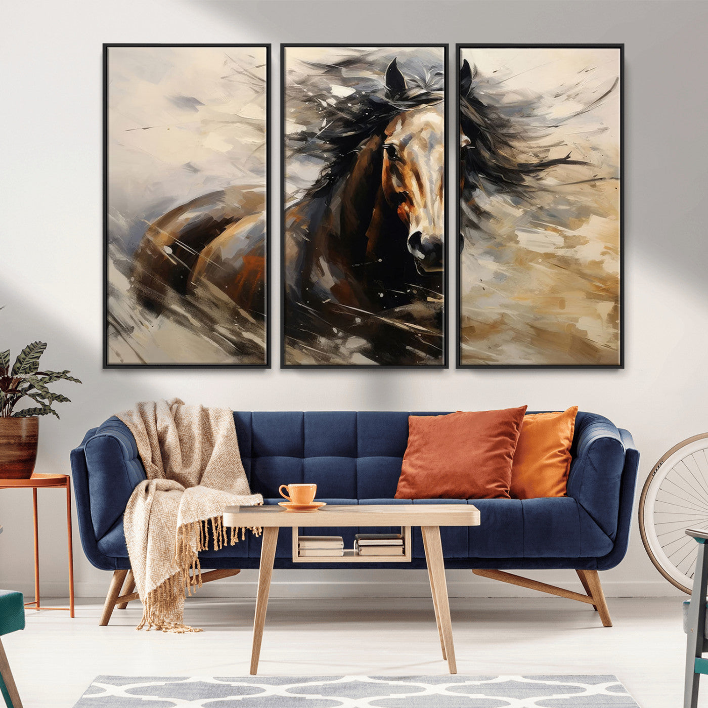 MGV-FC-48X32-3P - Abstract Wall Art Horse Print - Large Western Horse Canvas - Farmhouse Woodland Wall Art - Framed