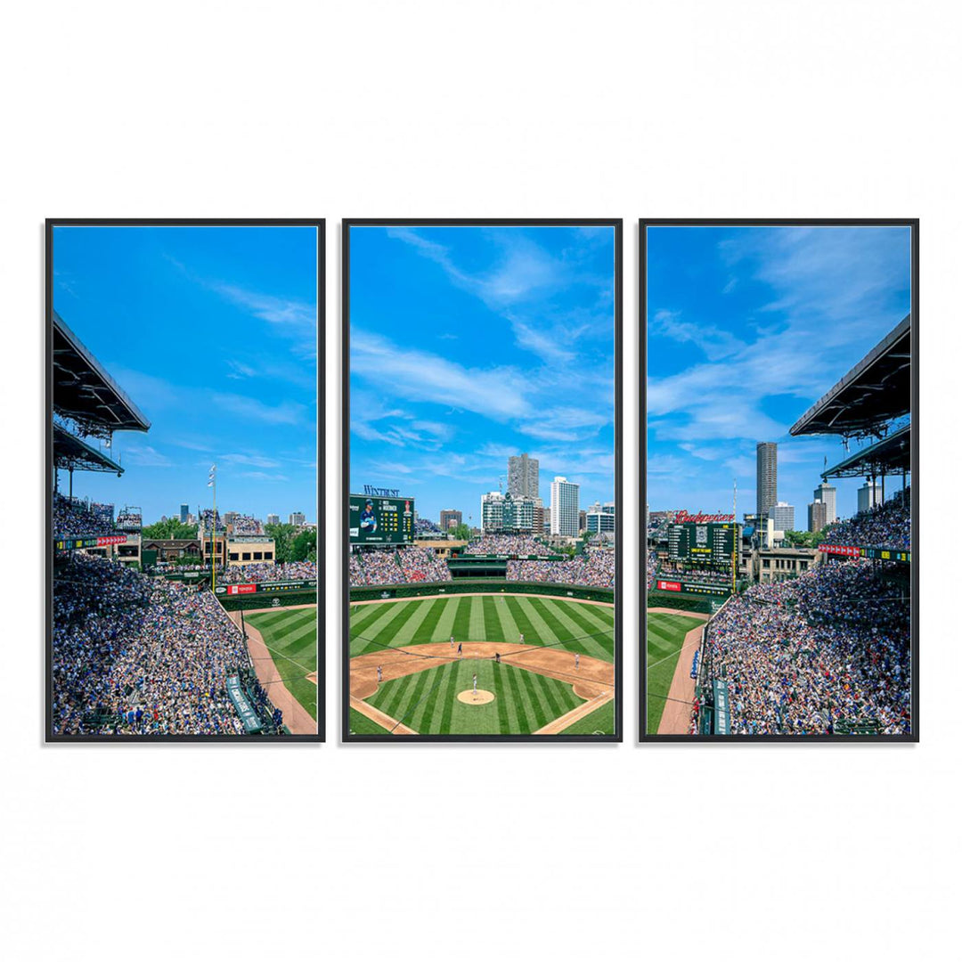 Panoramic view of Wrigley Field, ideal for the Wrigley Field Chicago Cubs Panoramic Canvas Wall Art - Ready to Hang.