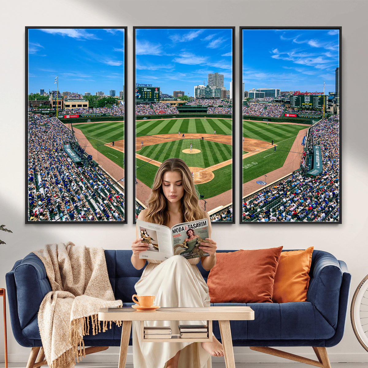 26064-MGV-CV-36X24 - Wrigley Field Chicago Cubs Wall Art Canvas Print Framed Panoramic Multi-Piece Iconic Baseball Stadium Artwork for Home, Office