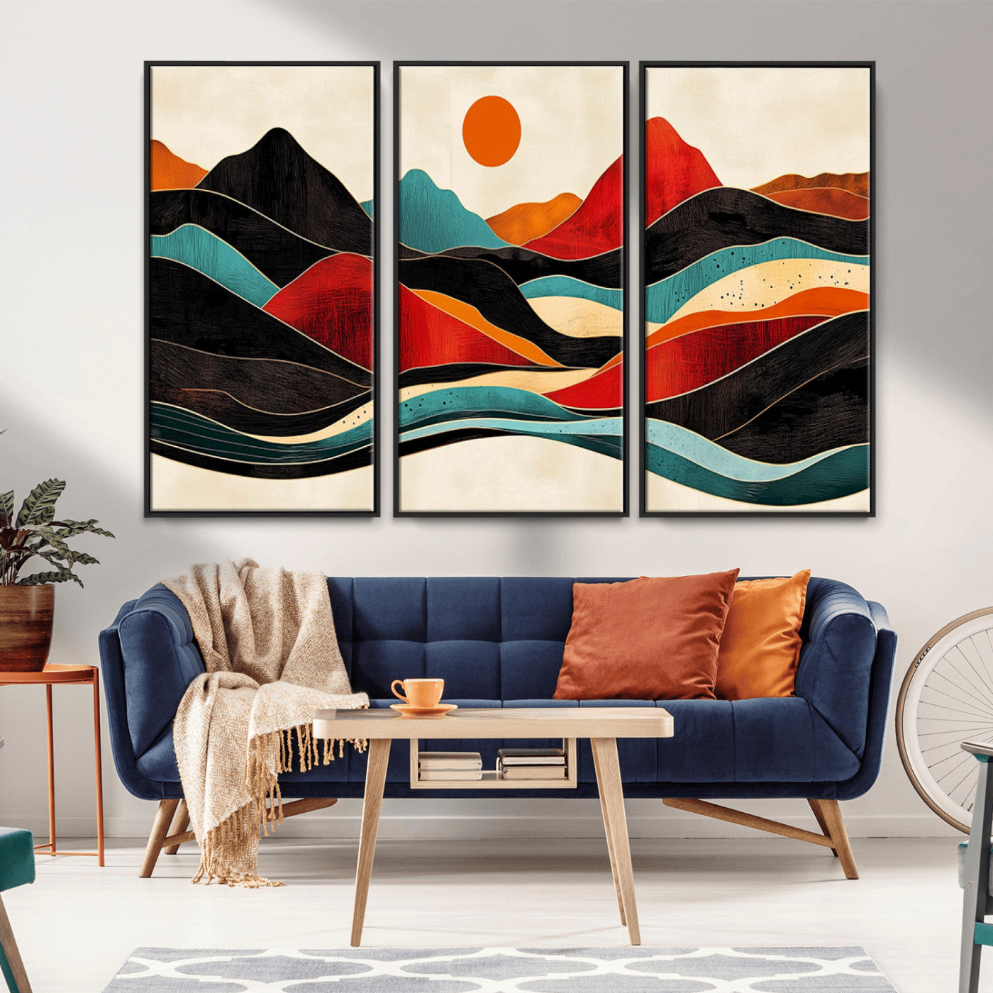 MGV-FC-48X32-3P - Western Wall Decor - Large Triptych Mountain Canvas - Boho Woodland Wall Art Print - Framed