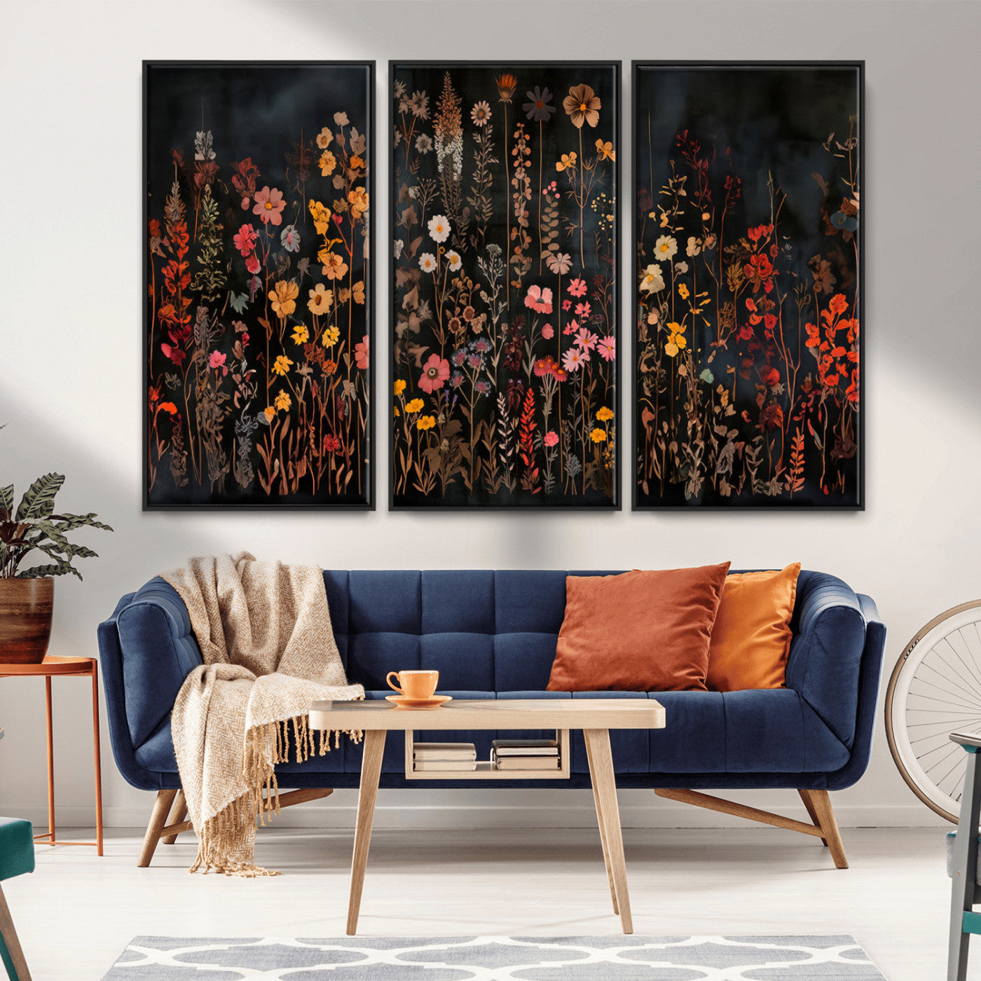 MGV-FC-48X32-3P - Dark Floral Canvas Wall Art - Moody Botanical Flower Print - Rustic Floral Wall Decor for Home -